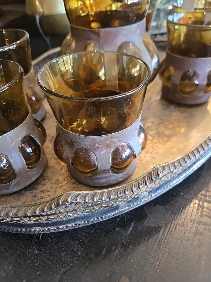MCM Felipe Derflingher Brutalist Hand Blown Imprisoned Amber Glass Set Pitcher
