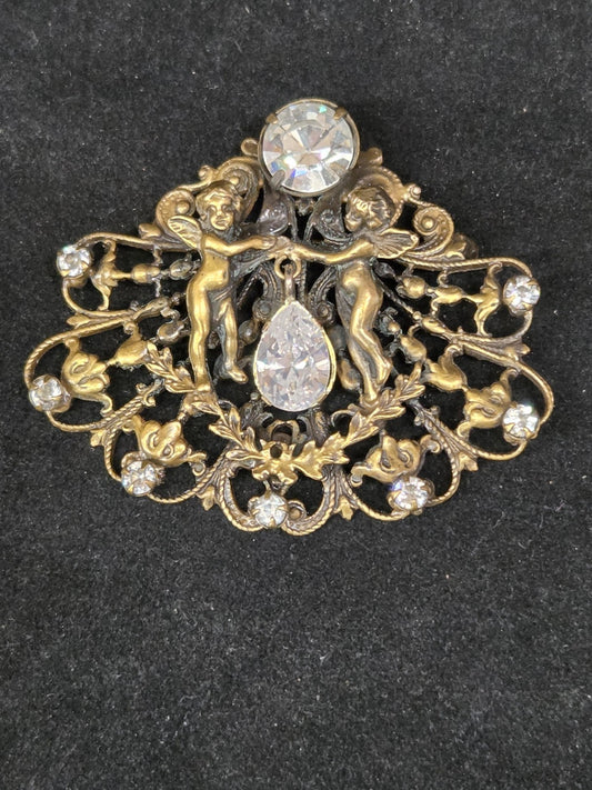 Joseff of Hollywood Cherubs Rhinestones Hollywood Regency Brooch
