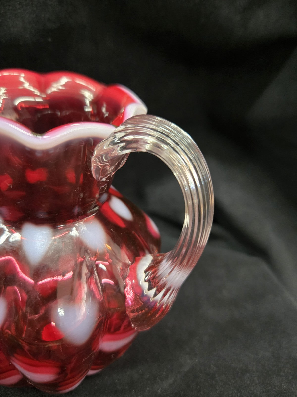 Fenton Cranberry Opalescent Optic Heart Melon Pitcher Vintage Art Glass 5.5"