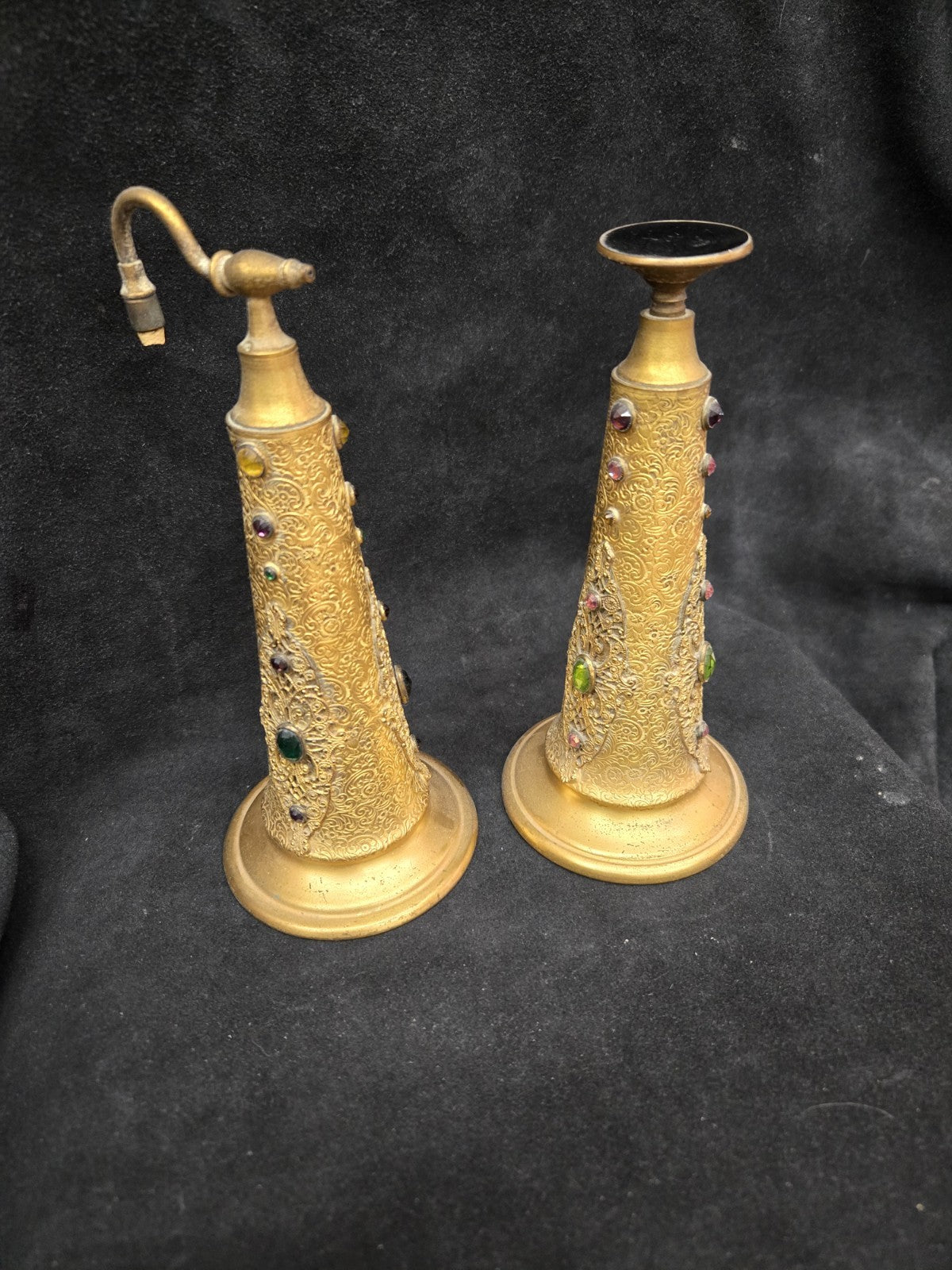 Antique Apollo Gilt Ormolu Filagree Perfume Bottles Glass Insert and Stopper