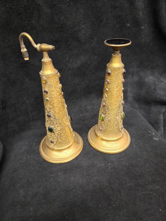 Antique Apollo Gilt Ormolu Filagree Perfume Bottles Glass Insert and Stopper