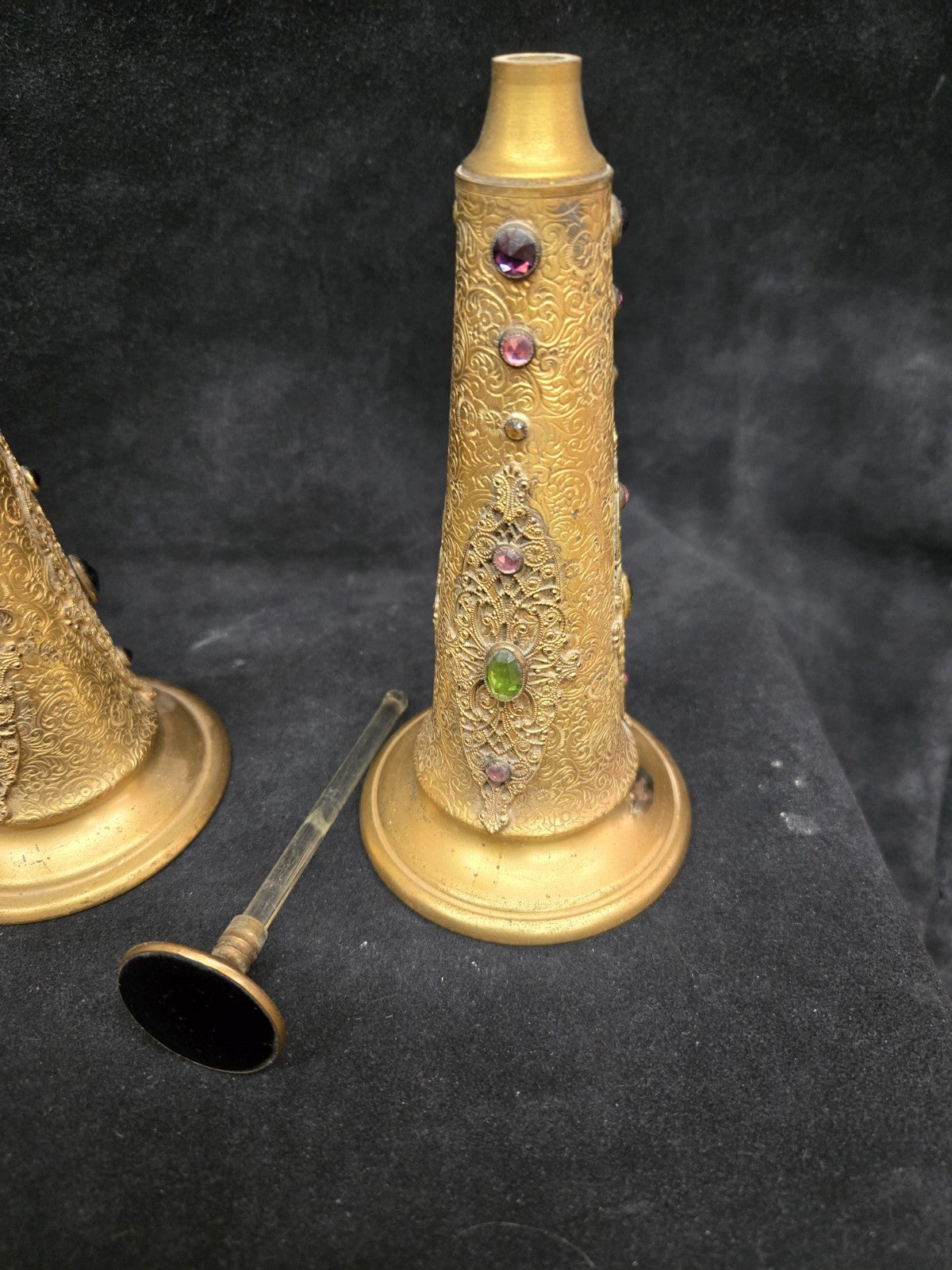 Antique Apollo Gilt Ormolu Filagree Perfume Bottles Glass Insert and Stopper