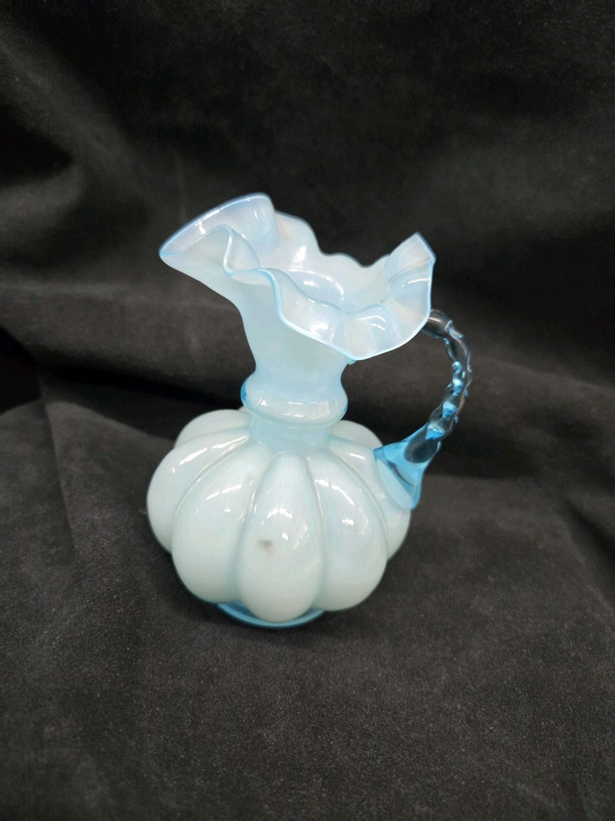 Fenton Blue Aqua Pitcher Ruffled Caged Glass