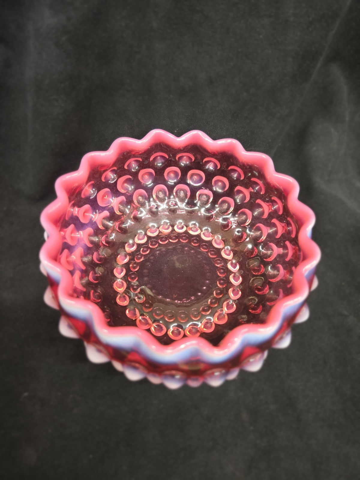 Antique Hobbs Brockunier Cranberry Opalescent Hobnail Candy Dish