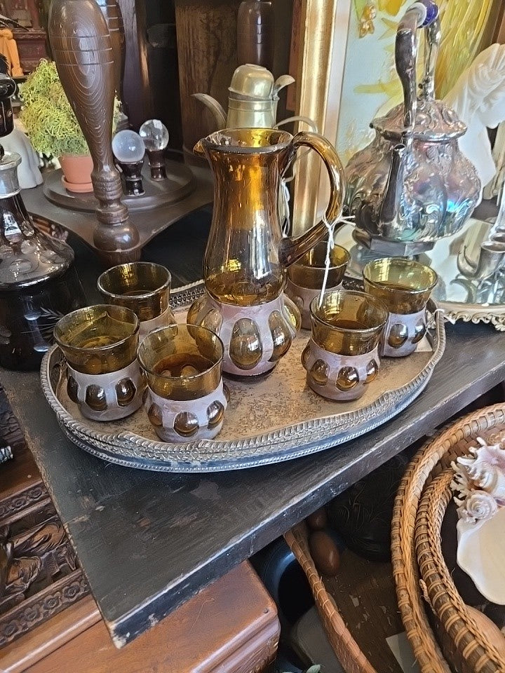 MCM Felipe Derflingher Brutalist Hand Blown Imprisoned Amber Glass Set Pitcher