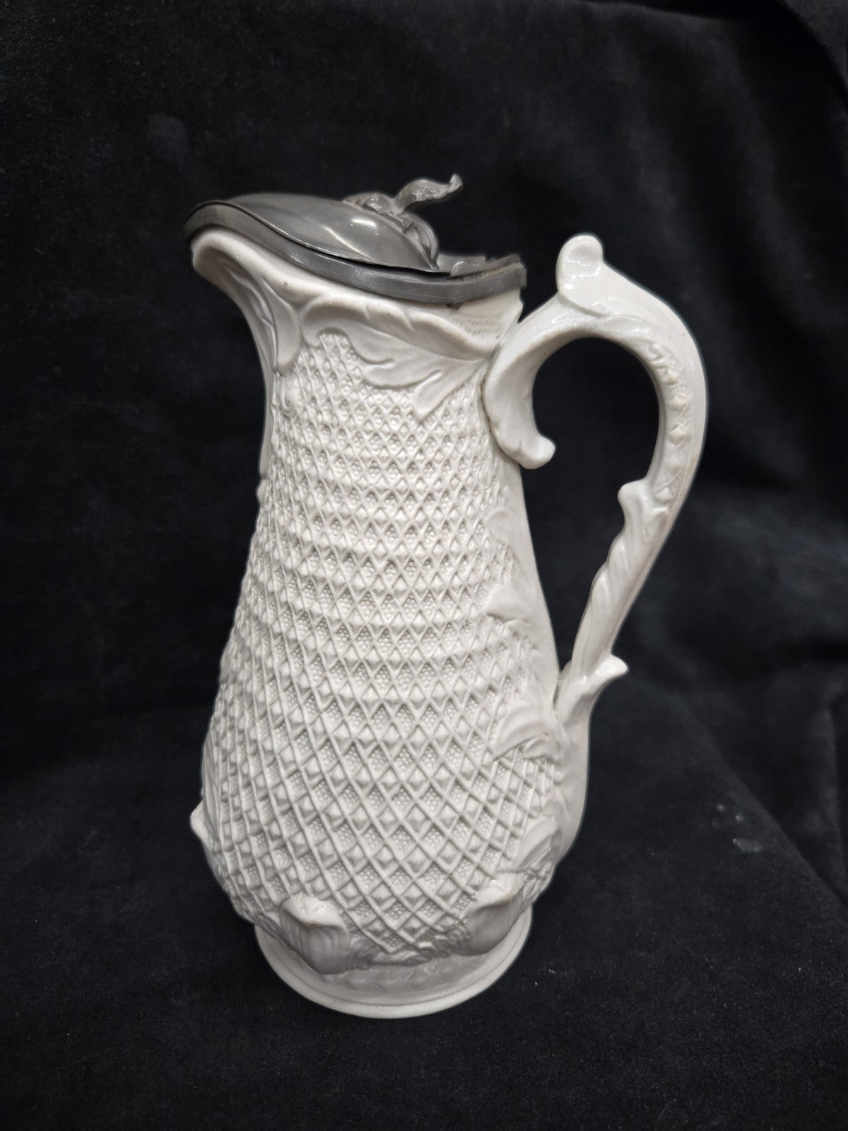 1850's White Stoneware Salt Glaze Relief Molded Water Jug Pitcher Victorian
