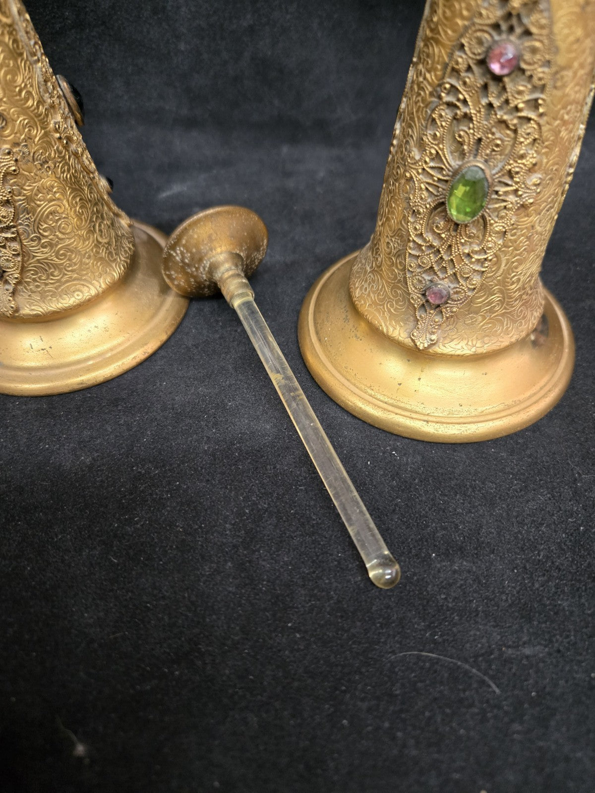 Antique Apollo Gilt Ormolu Filagree Perfume Bottles Glass Insert and Stopper