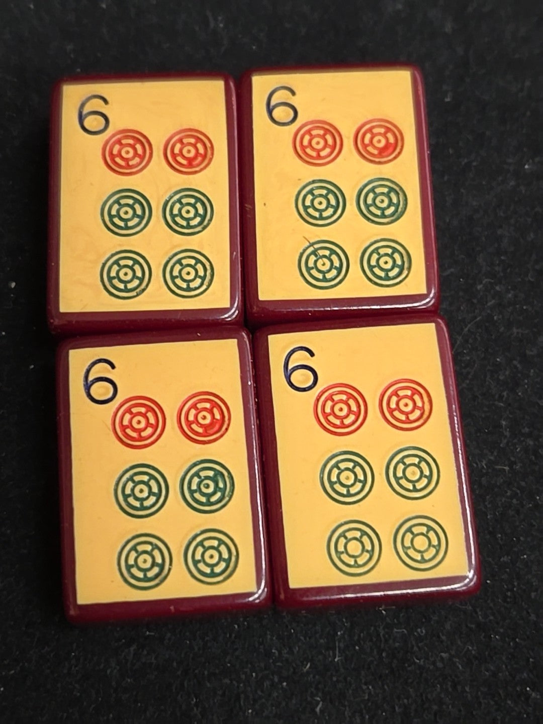 Four Enrobed Burgundy Bakelite Catalin Mahjong Tile Replacements | Six Dot