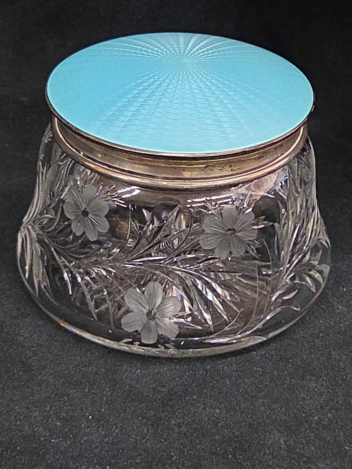 Antique Art Nouvea Guilloche Enamel Sterling Lid Cut Glass Vanity Jar