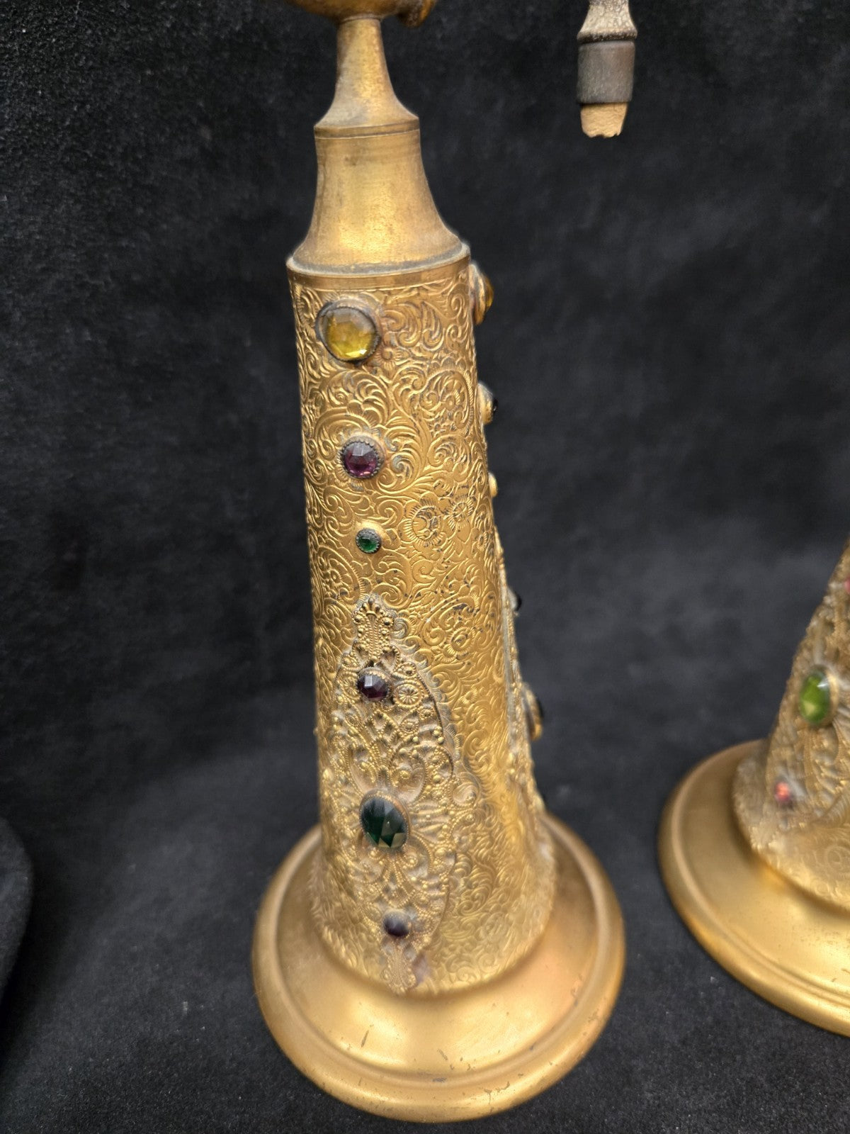 Antique Apollo Gilt Ormolu Filagree Perfume Bottles Glass Insert and Stopper