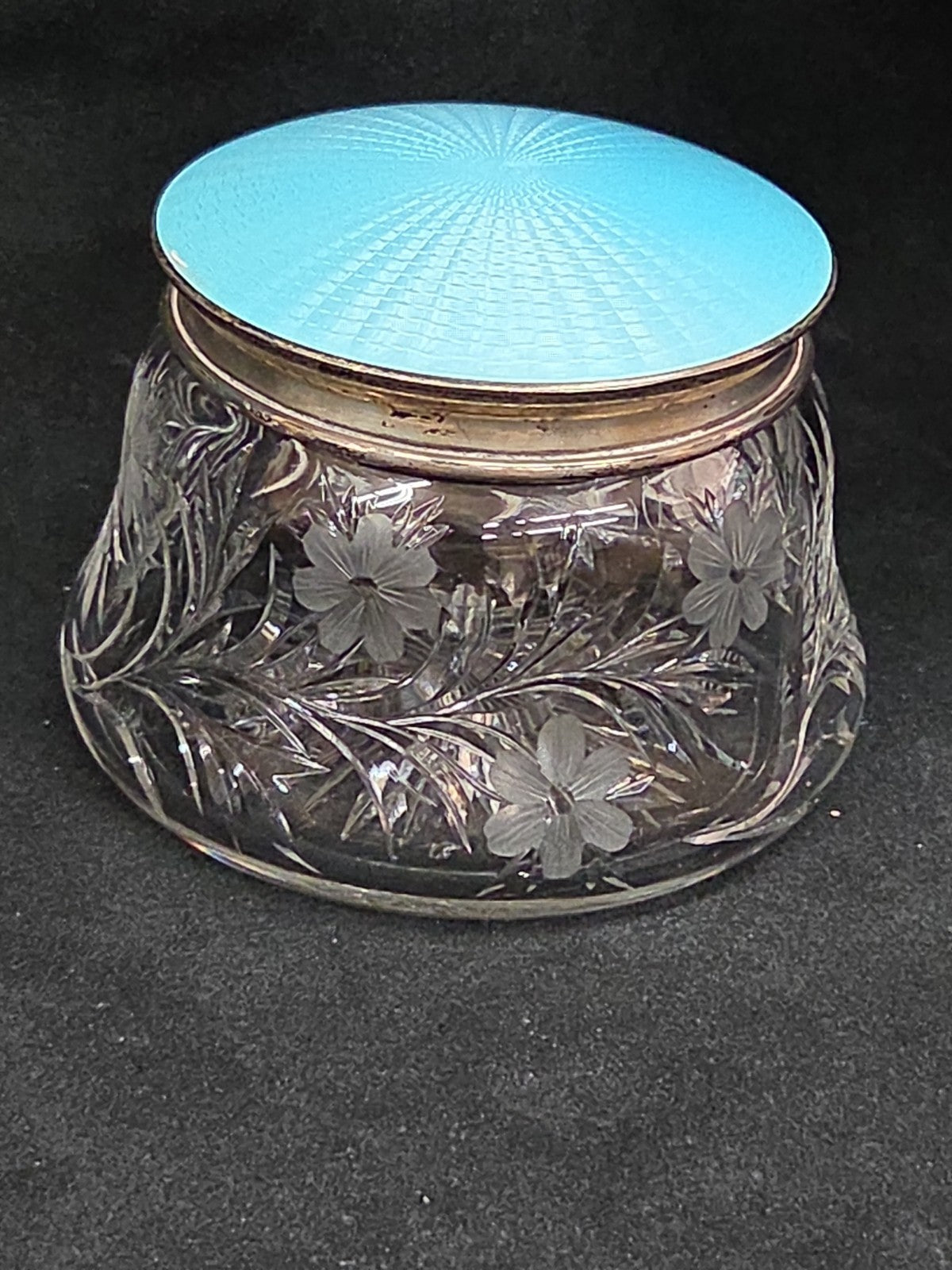 Antique Art Nouvea Guilloche Enamel Sterling Lid Cut Glass Vanity Jar