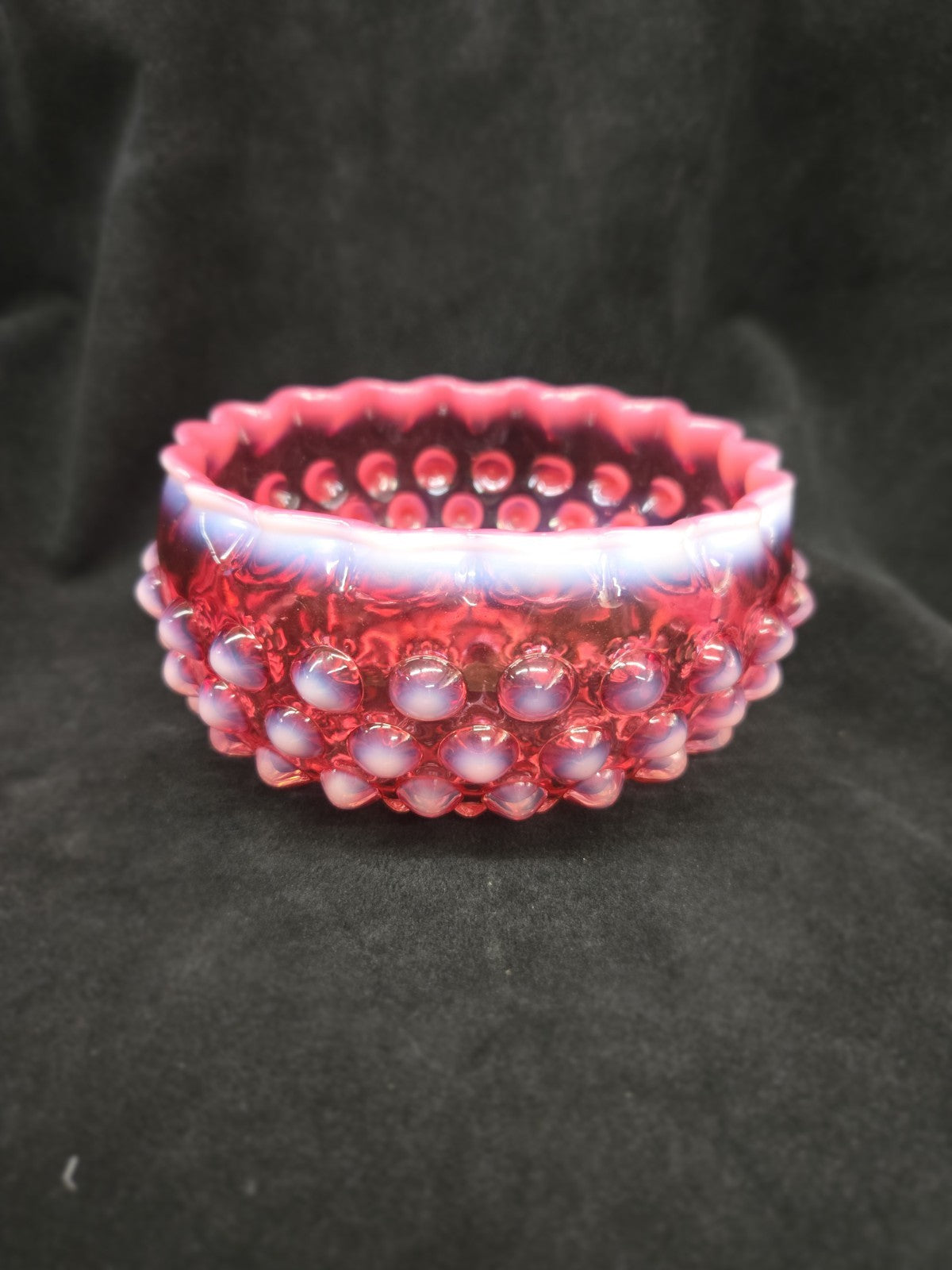 Antique Hobbs Brockunier Cranberry Opalescent Hobnail Candy Dish