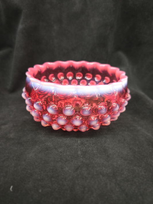 Antique Hobbs Brockunier Cranberry Opalescent Hobnail Candy Dish