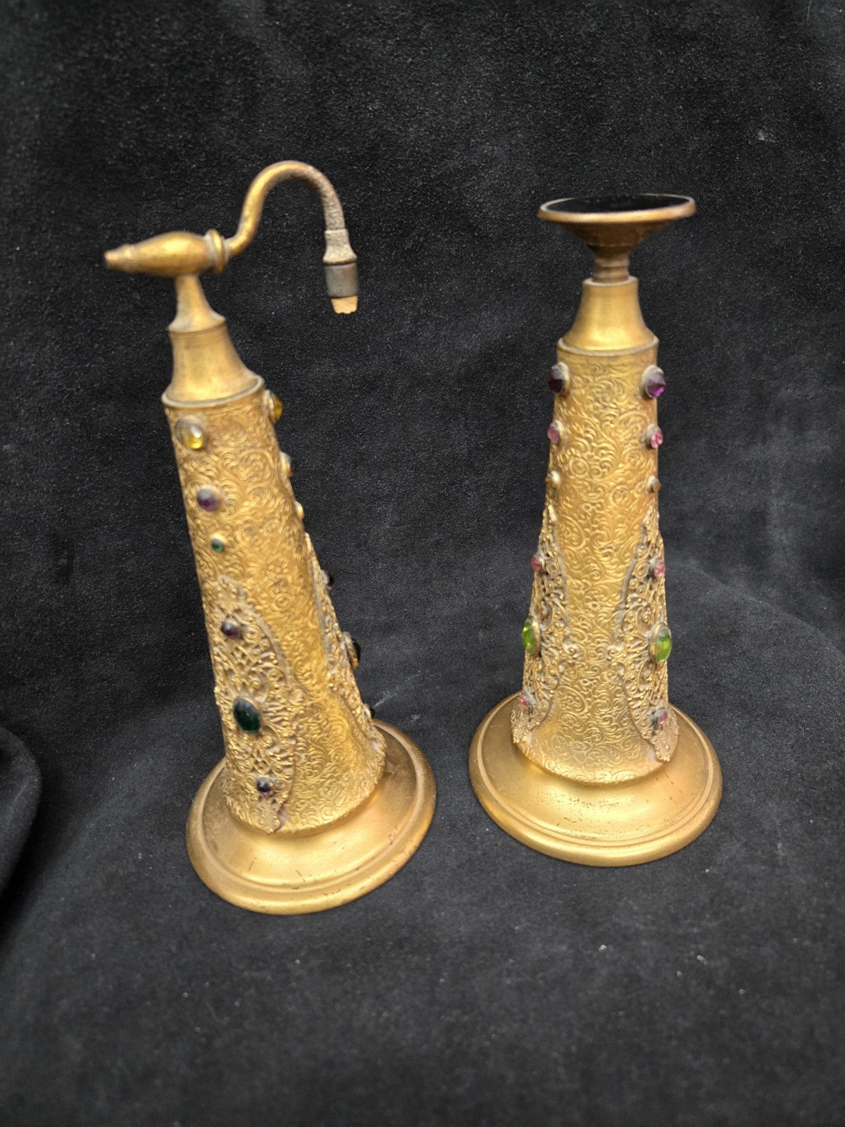 Antique Apollo Gilt Ormolu Filagree Perfume Bottles Glass Insert and Stopper