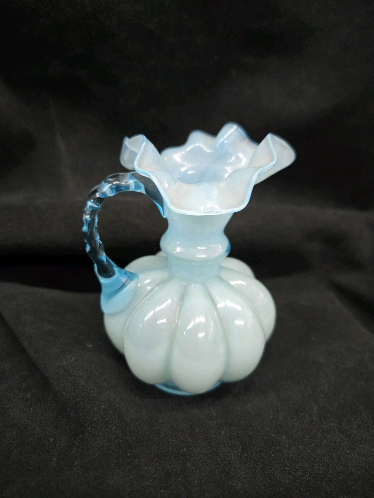 Fenton Blue Aqua Pitcher Ruffled Caged Glass