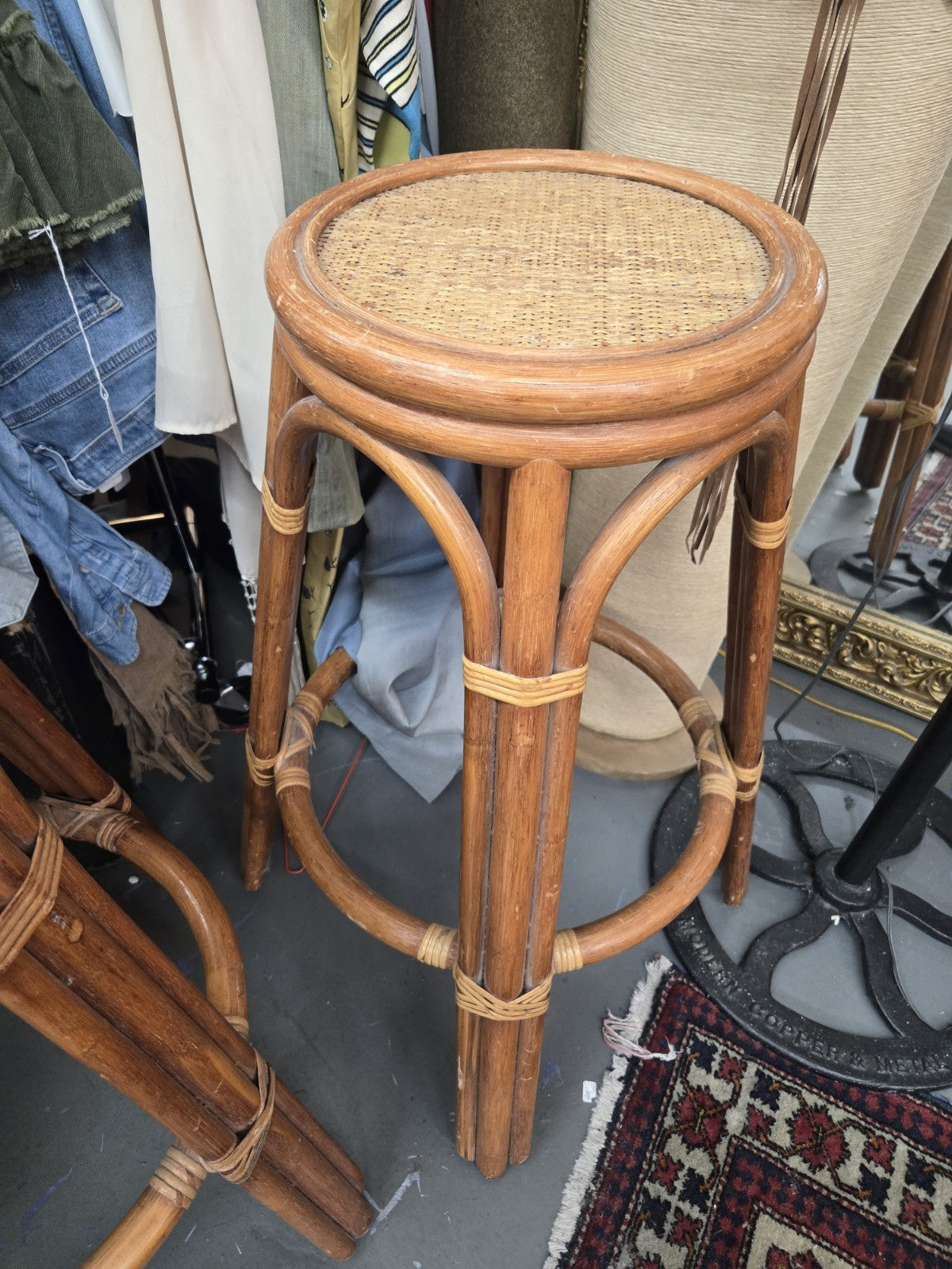 Pair Of Vintage Bent Bamboo Rattan Bar Stools