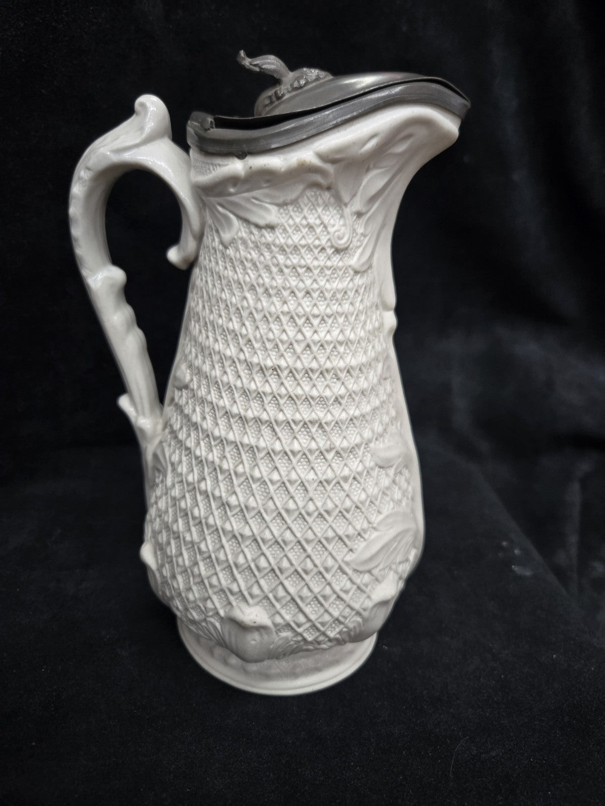 1850's White Stoneware Salt Glaze Relief Molded Water Jug Pitcher Victorian