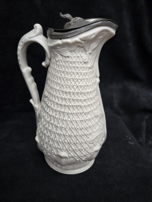 1850's White Stoneware Salt Glaze Relief Molded Water Jug Pitcher Victorian