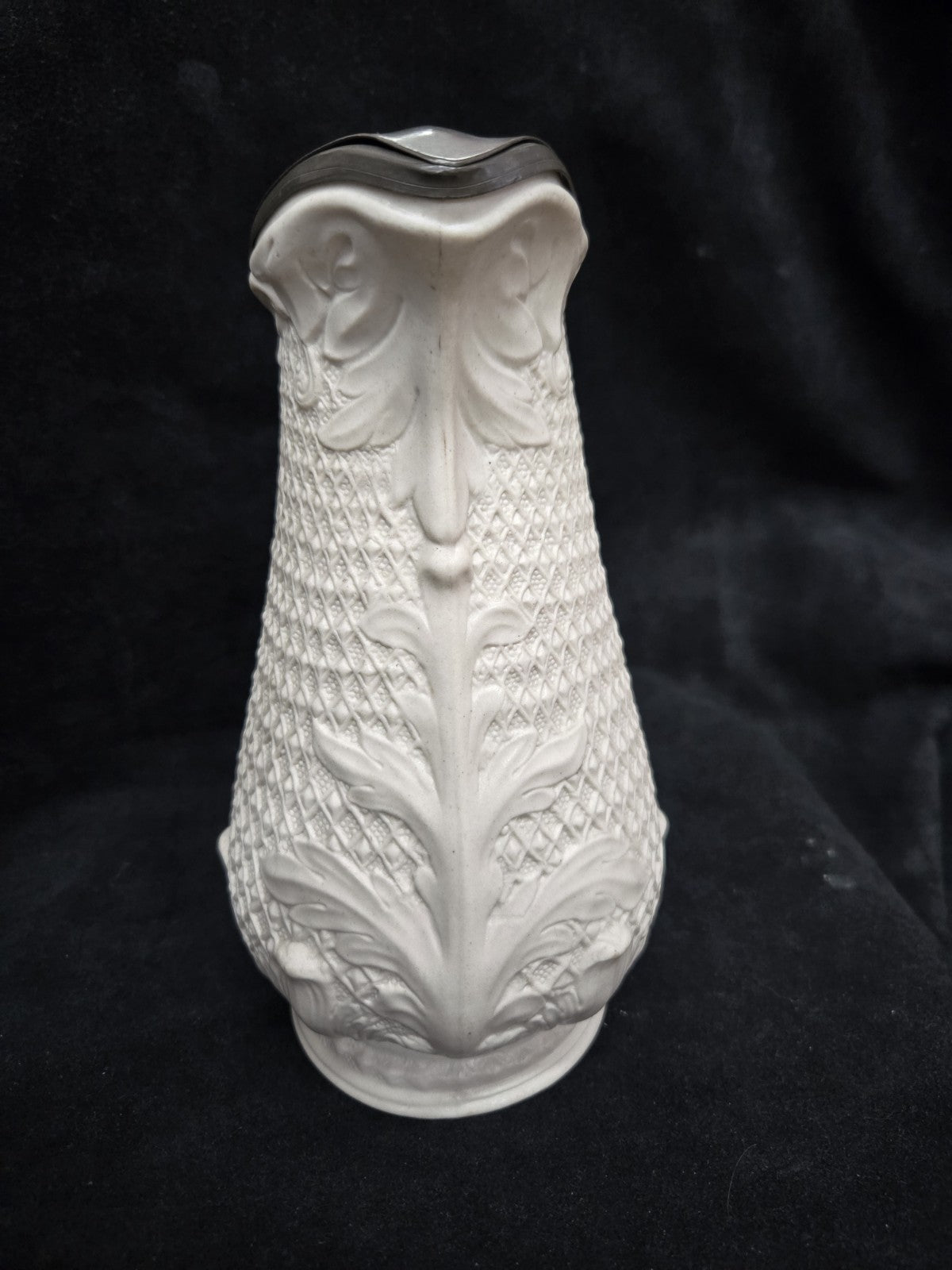 1850's White Stoneware Salt Glaze Relief Molded Water Jug Pitcher Victorian