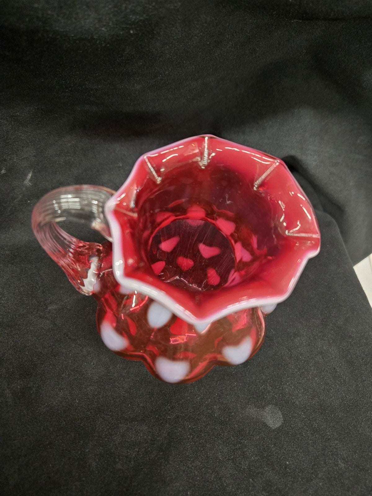 Fenton Cranberry Opalescent Optic Heart Melon Pitcher Vintage Art Glass 5.5"