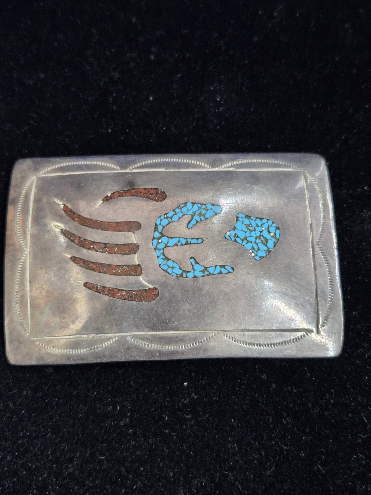 Bennie Bowekaty Zuni Inlay Sterling and Turquoise Belt Buckle