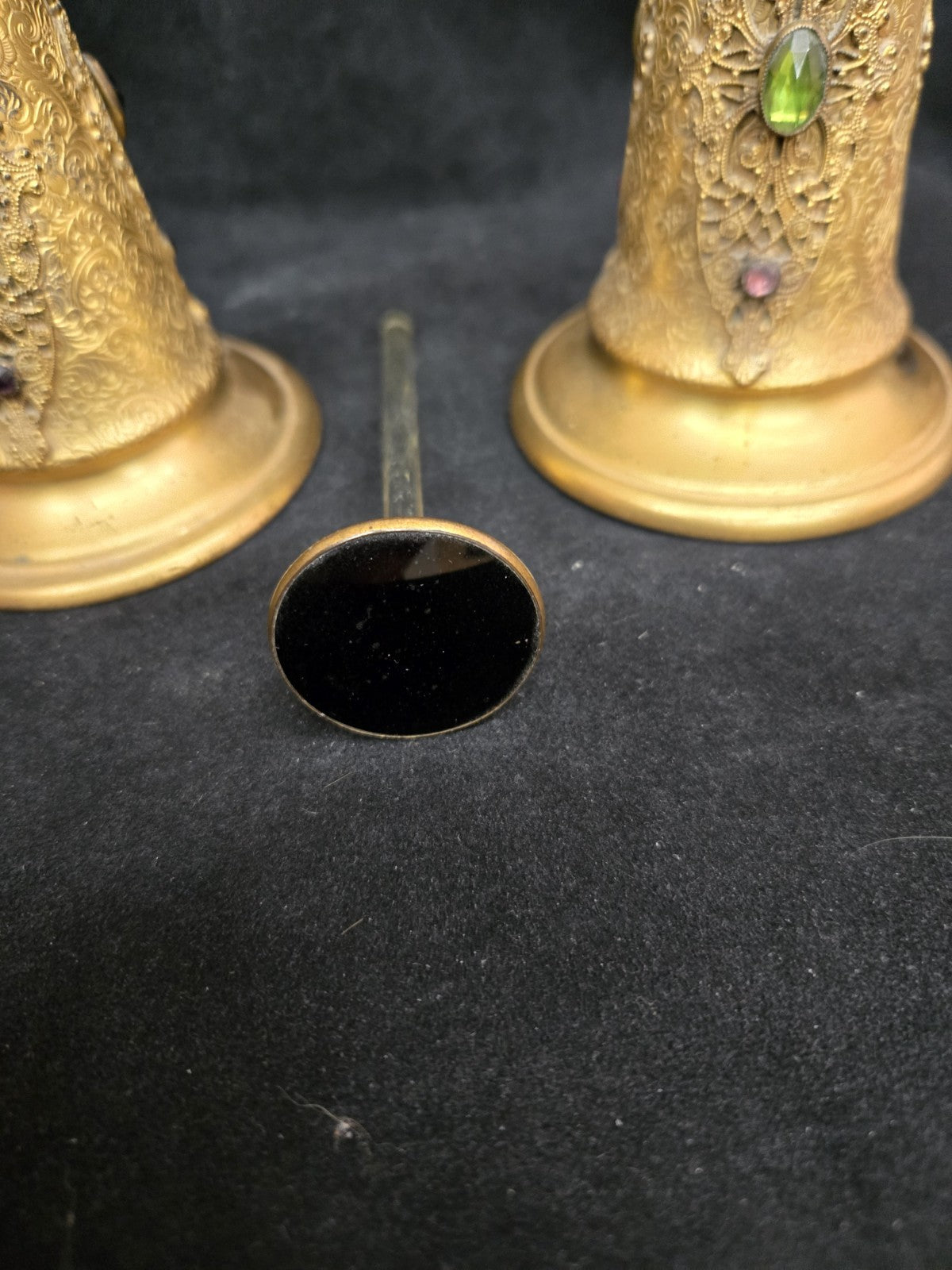 Antique Apollo Gilt Ormolu Filagree Perfume Bottles Glass Insert and Stopper