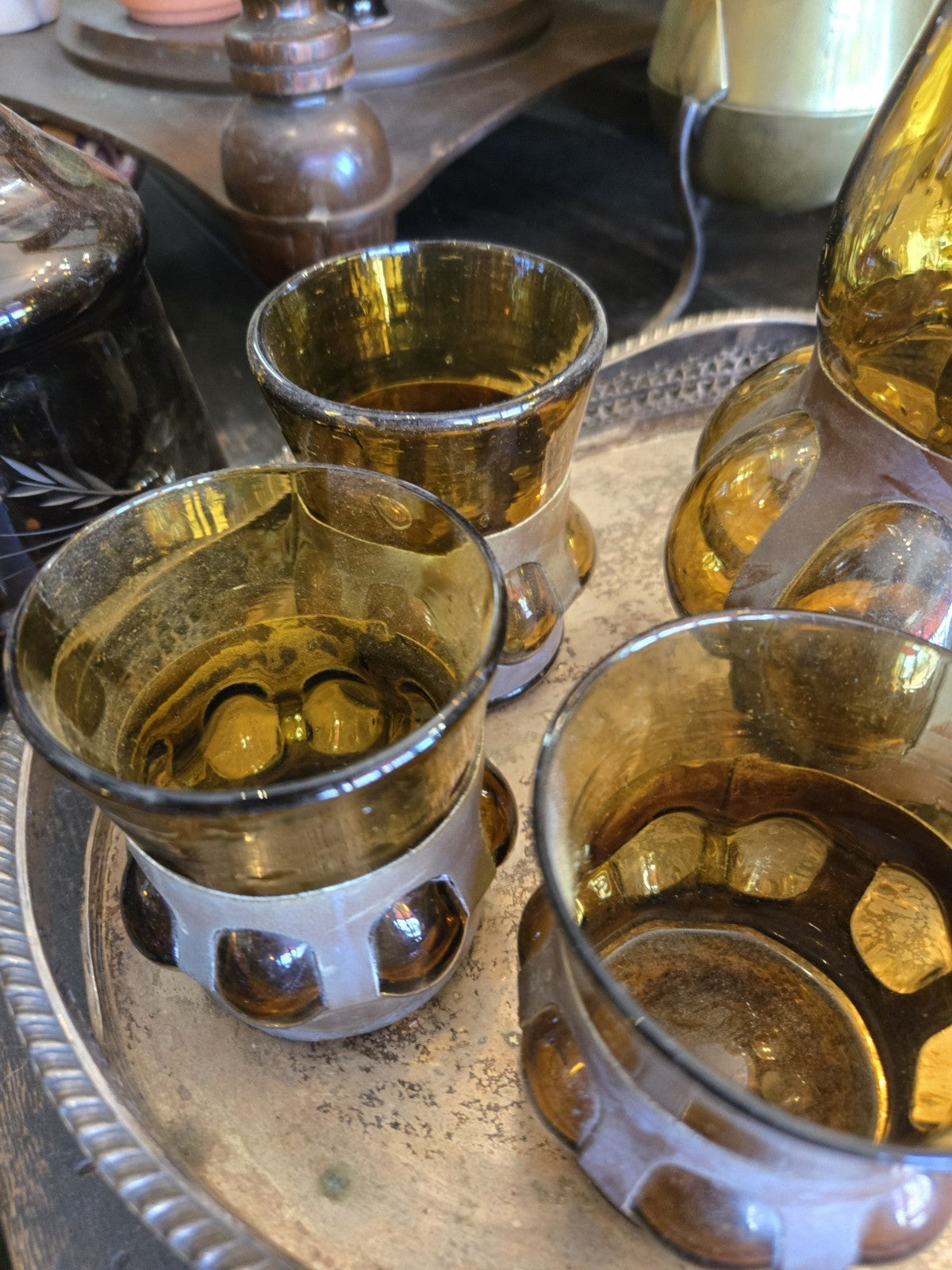 MCM Felipe Derflingher Brutalist Hand Blown Imprisoned Amber Glass Set Pitcher