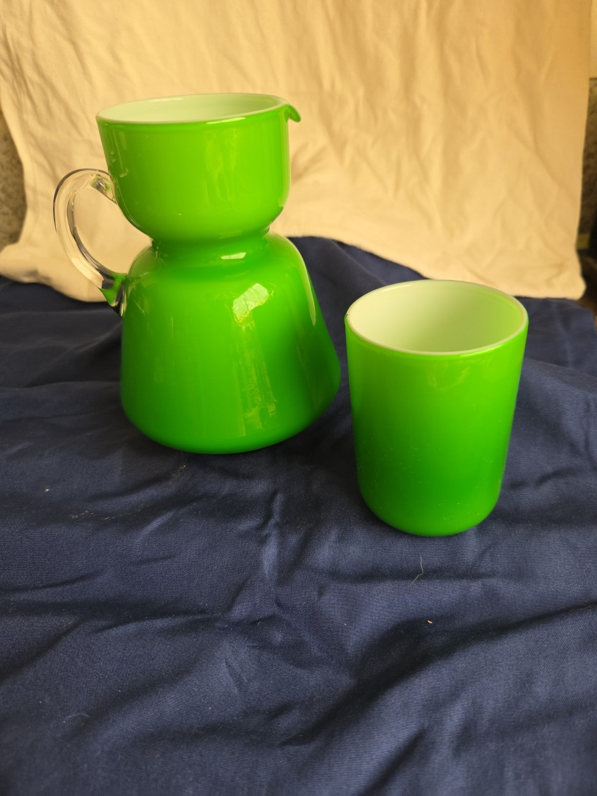 Vintage Carlo Moretti Murano Blown Art Glass Cased Green Tumble Up Set