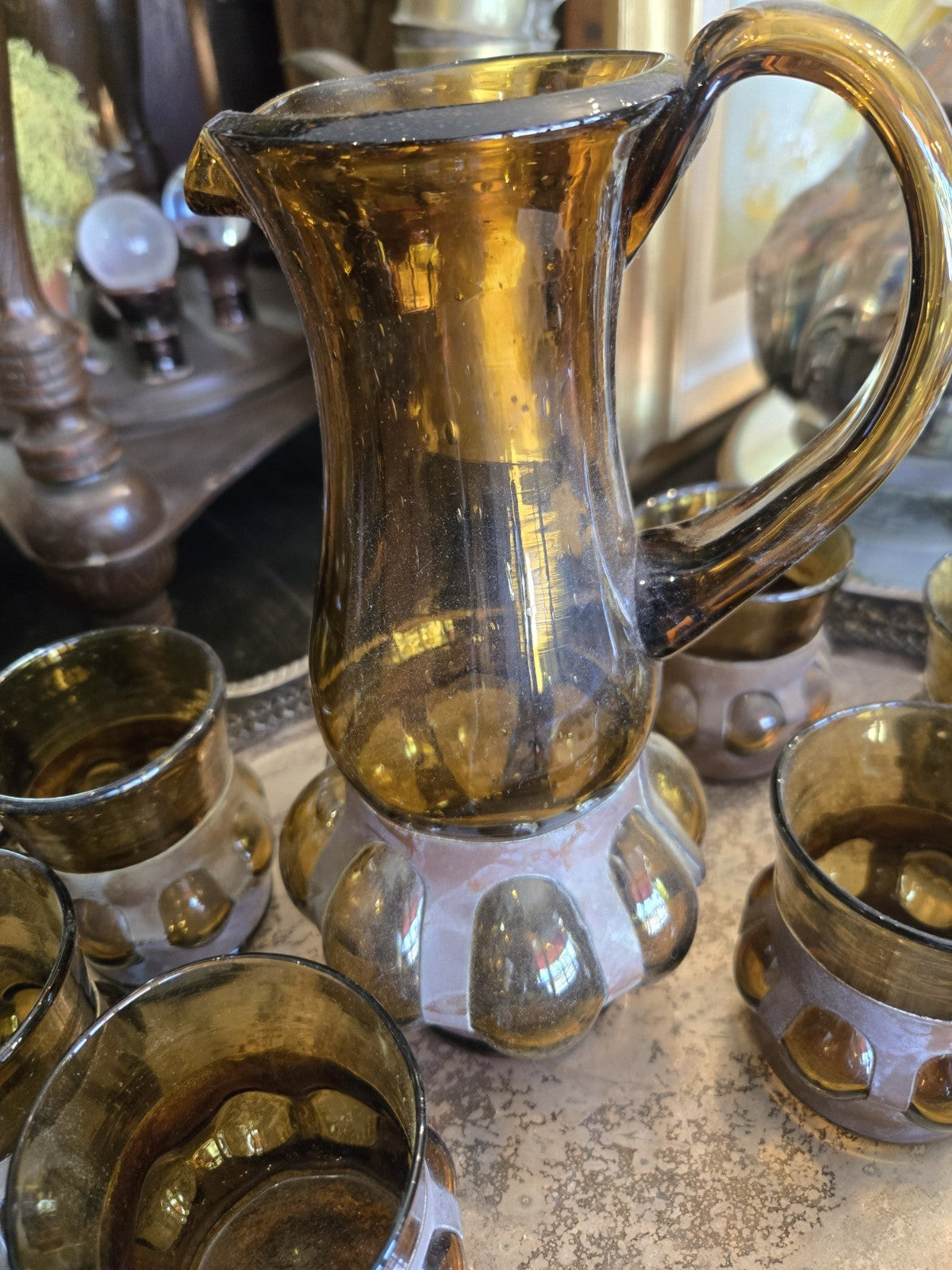 MCM Felipe Derflingher Brutalist Hand Blown Imprisoned Amber Glass Set Pitcher