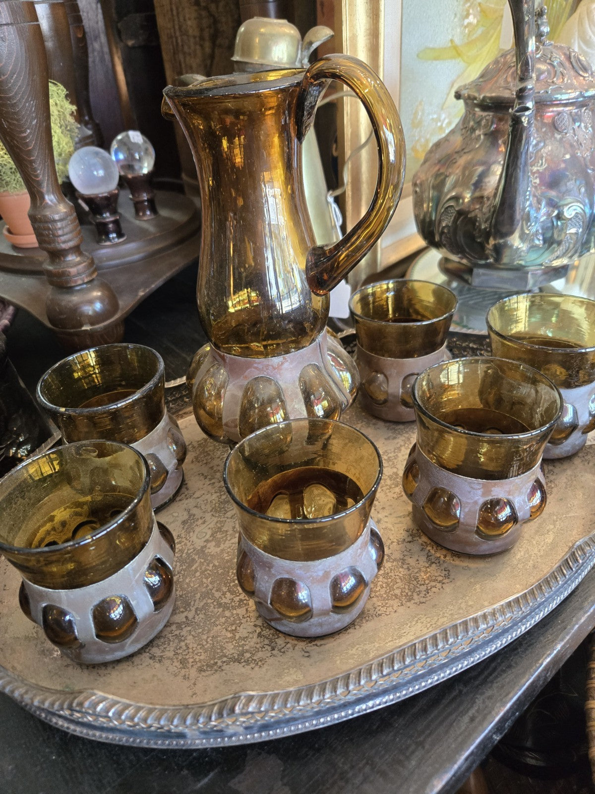 MCM Felipe Derflingher Brutalist Hand Blown Imprisoned Amber Glass Set Pitcher