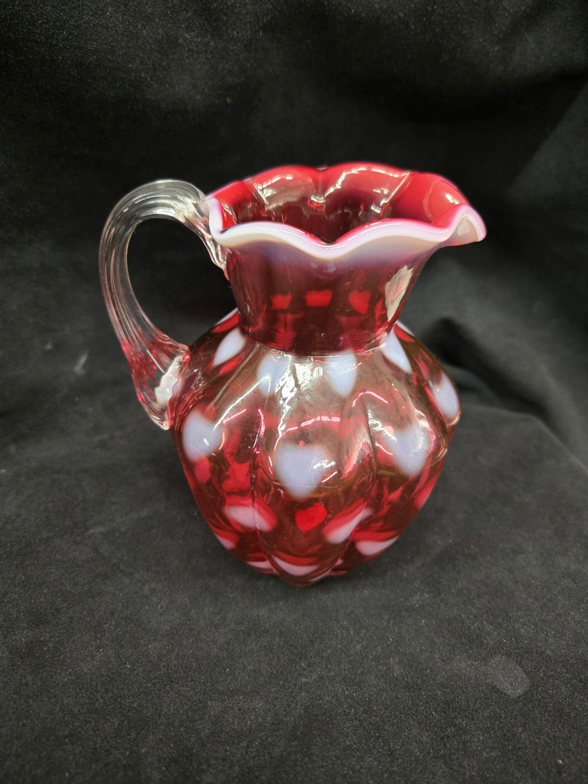 Fenton Cranberry Opalescent Optic Heart Melon Pitcher Vintage Art Glass 5.5"