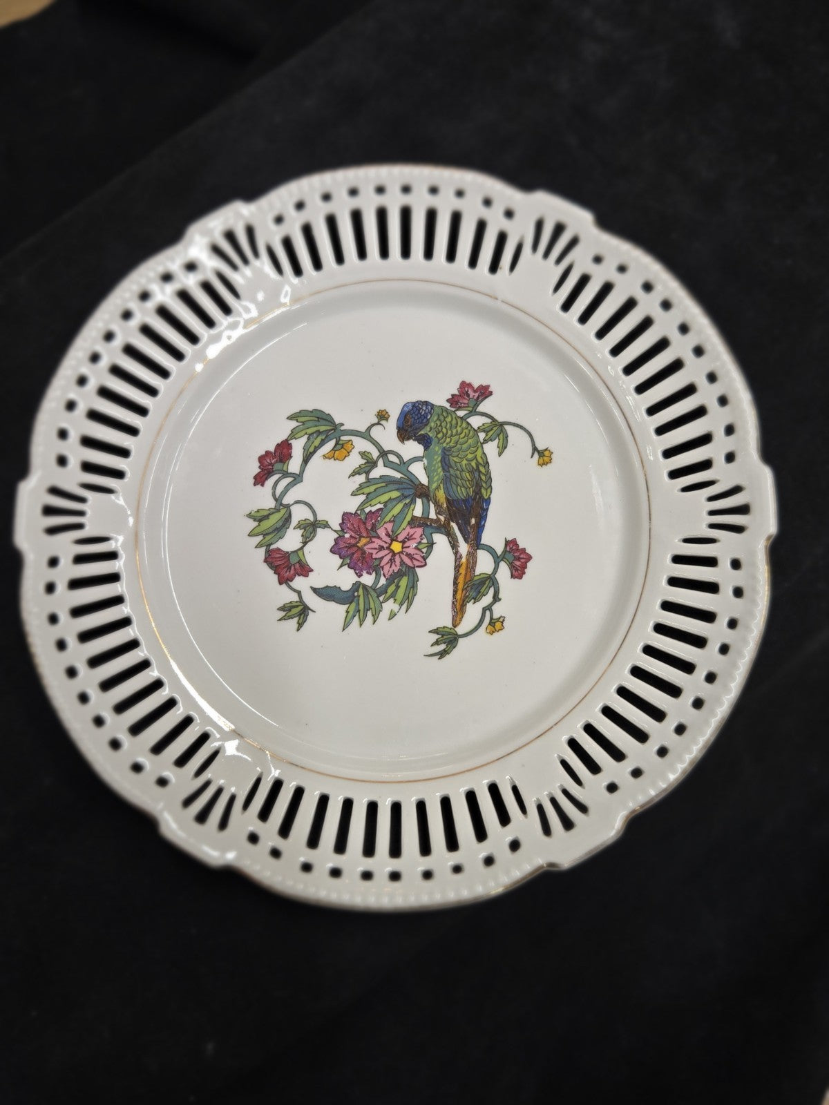 Schwarzenhammer 8 1/4" Pierced Porcelain Parrot Decorative Plate Made in Germany