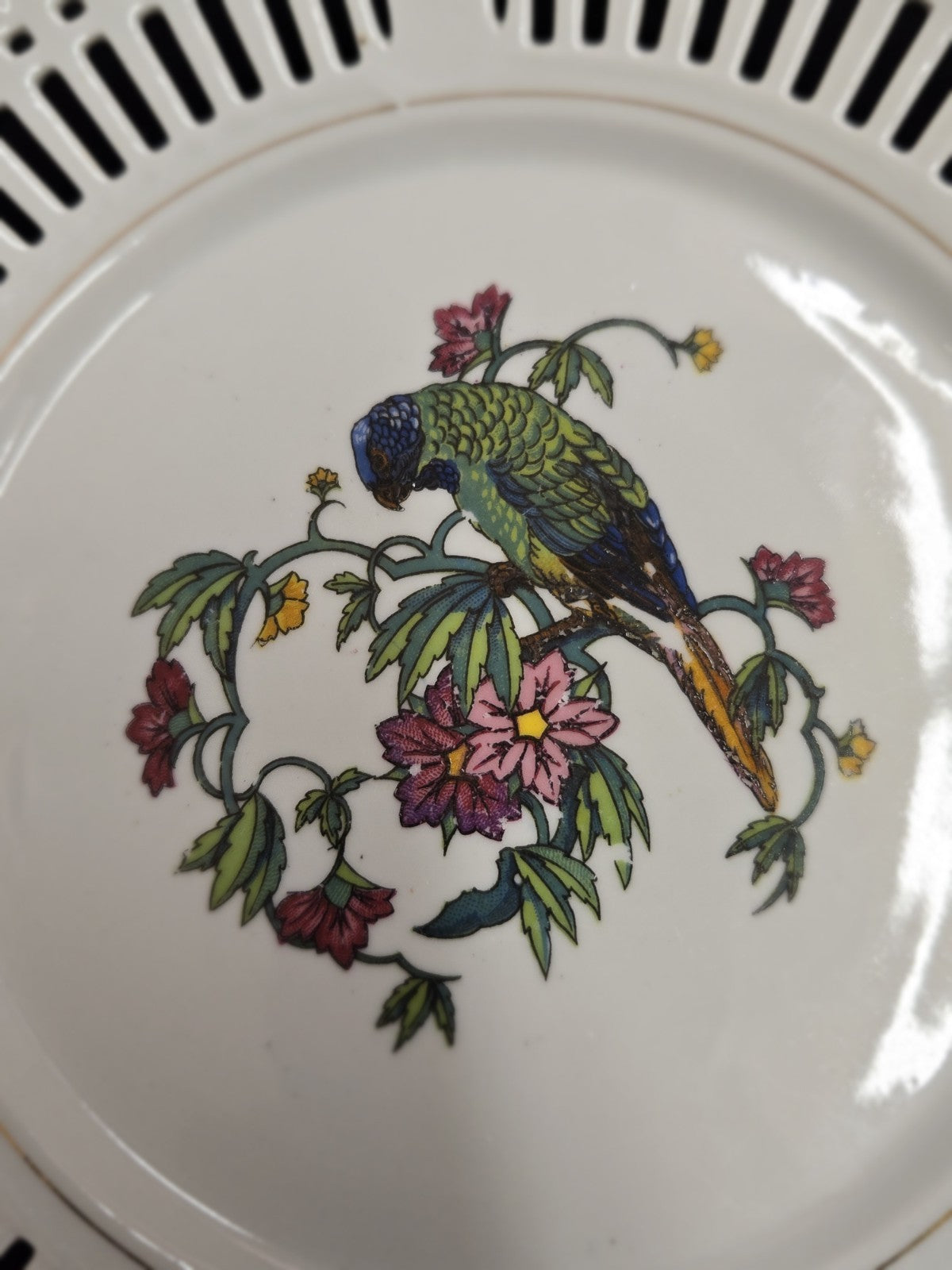 Schwarzenhammer 8 1/4" Pierced Porcelain Parrot Decorative Plate Made in Germany
