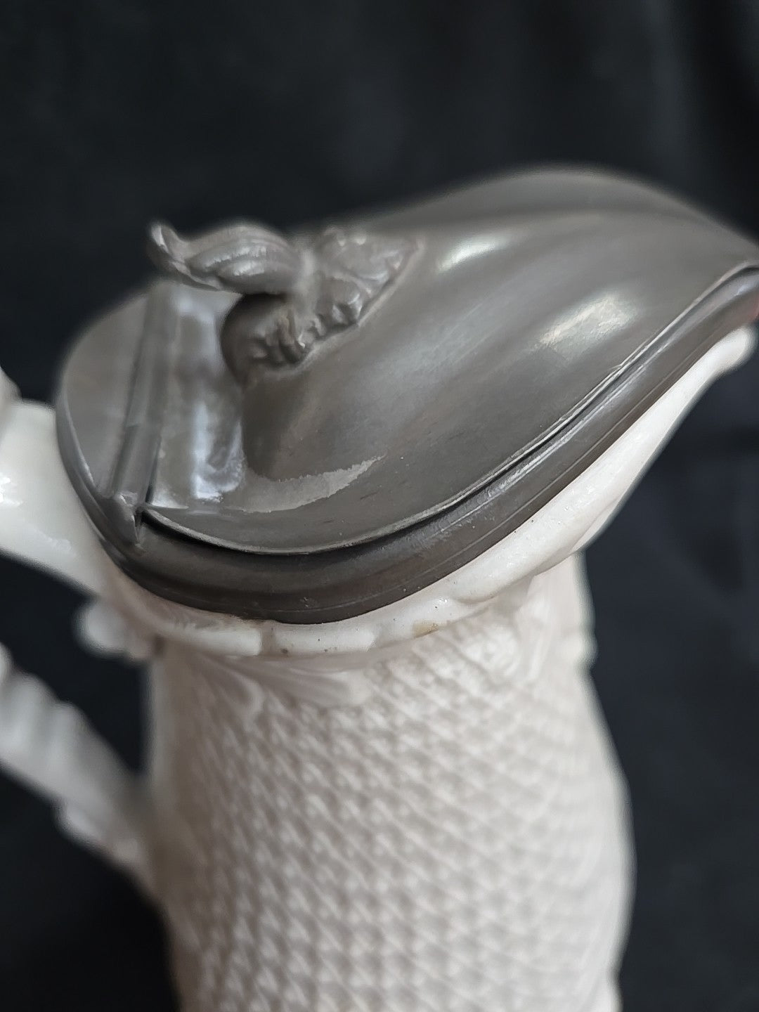 1850's White Stoneware Salt Glaze Relief Molded Water Jug Pitcher Victorian