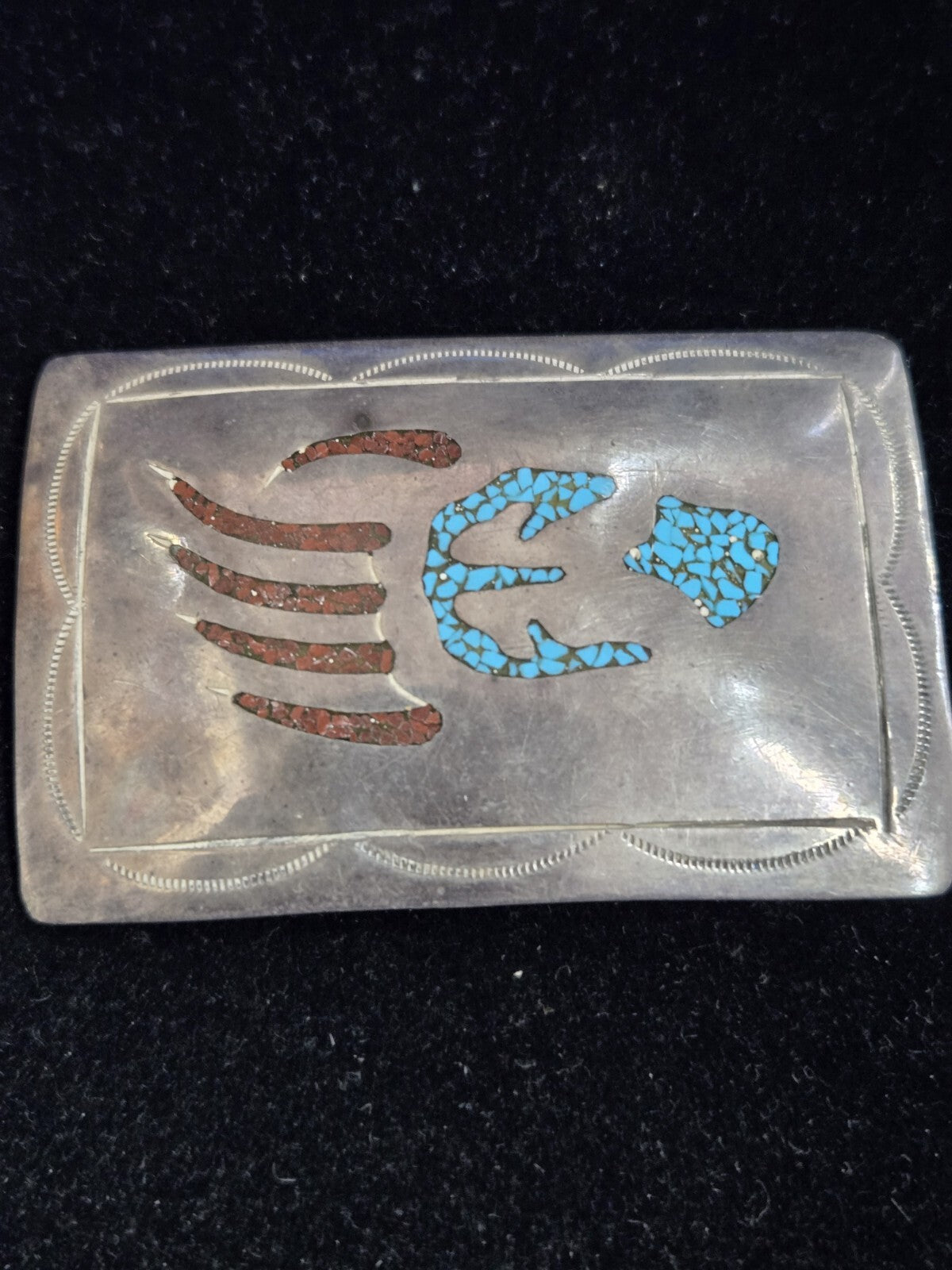 Bennie Bowekaty Zuni Inlay Sterling and Turquoise Belt Buckle