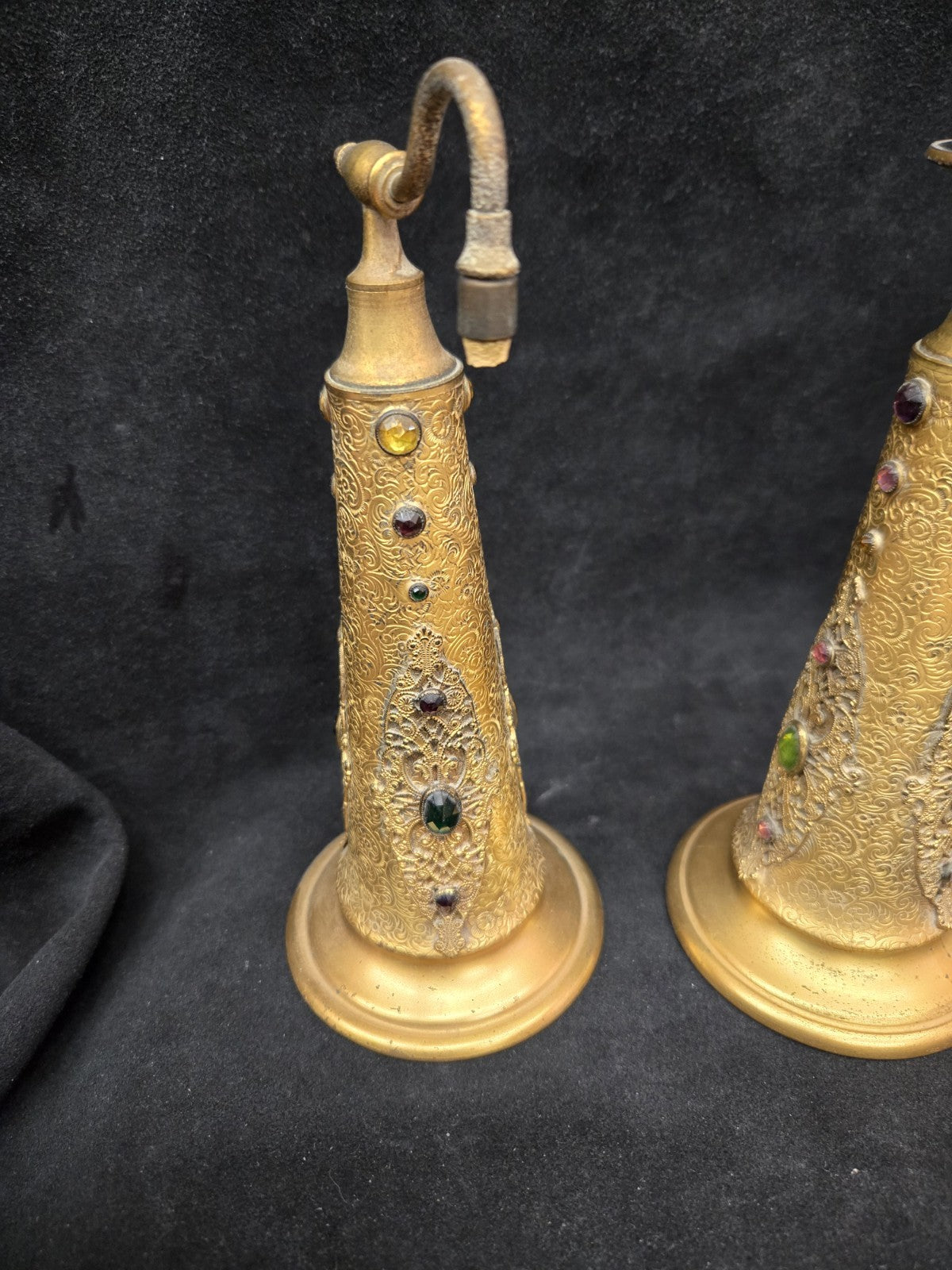 Antique Apollo Gilt Ormolu Filagree Perfume Bottles Glass Insert and Stopper