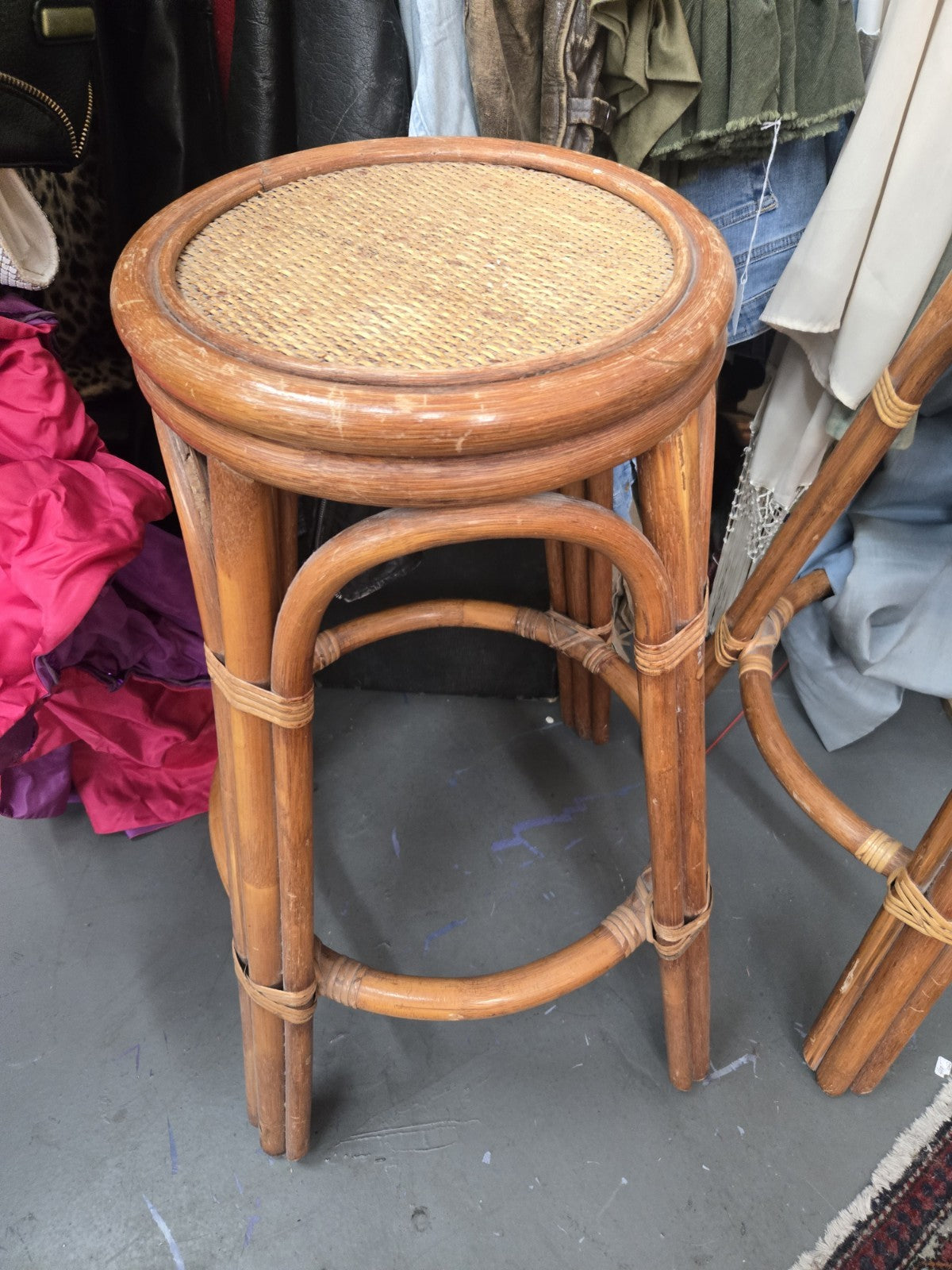 Pair Of Vintage Bent Bamboo Rattan Bar Stools