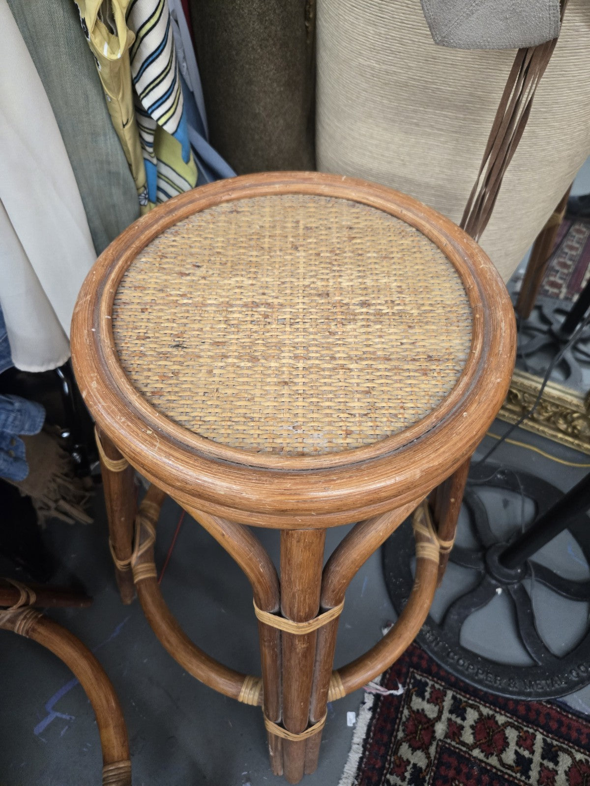 Pair Of Vintage Bent Bamboo Rattan Bar Stools