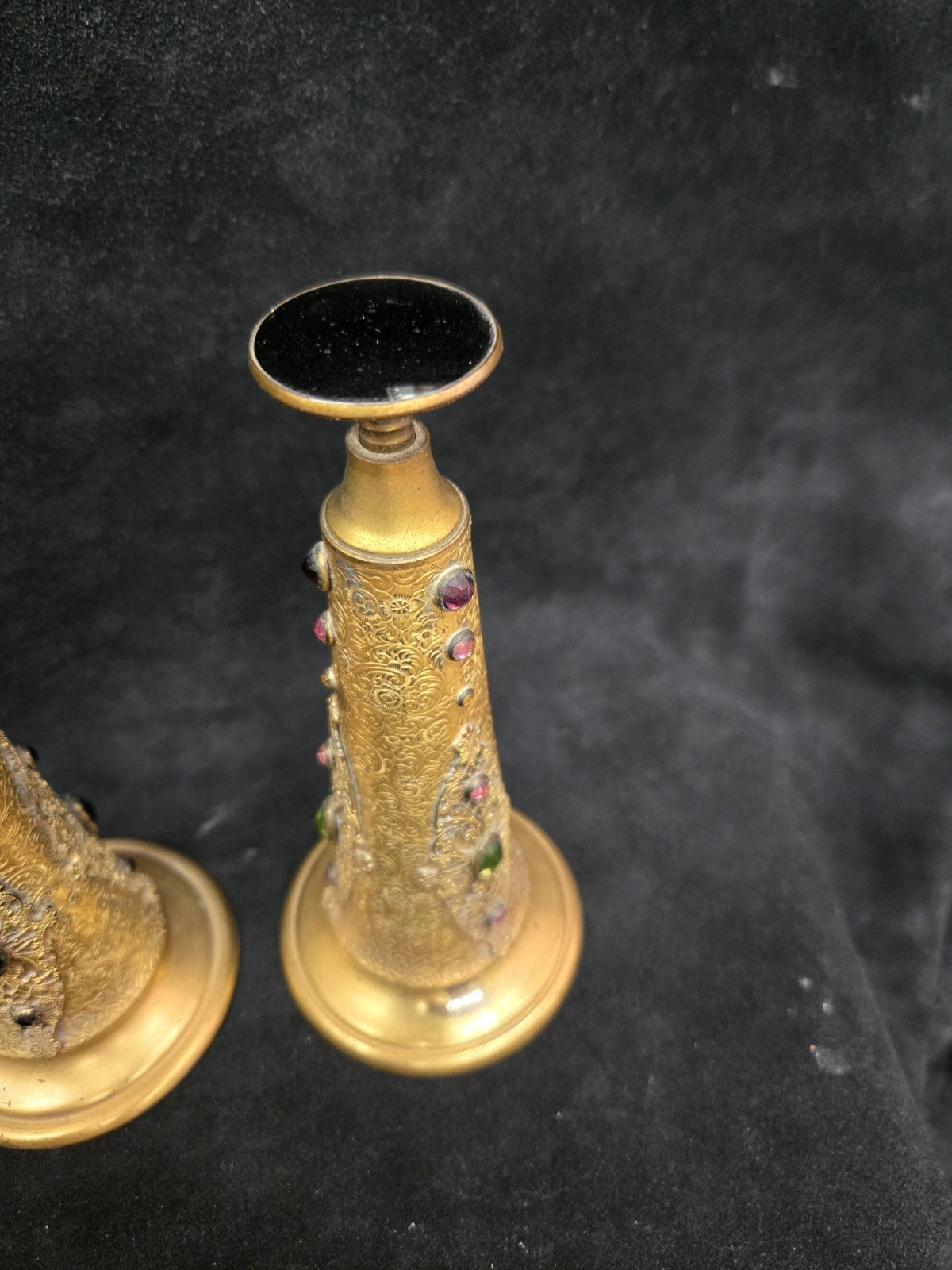 Antique Apollo Gilt Ormolu Filagree Perfume Bottles Glass Insert and Stopper