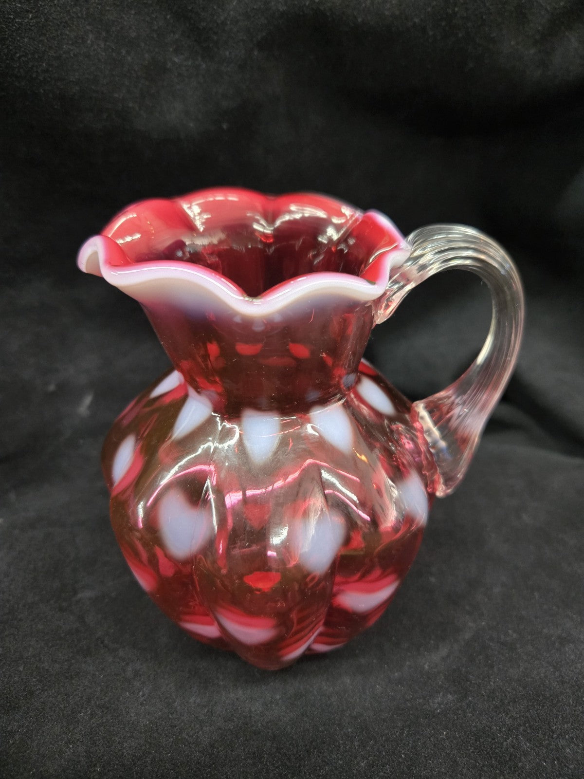 Fenton Cranberry Opalescent Optic Heart Melon Pitcher Vintage Art Glass 5.5"