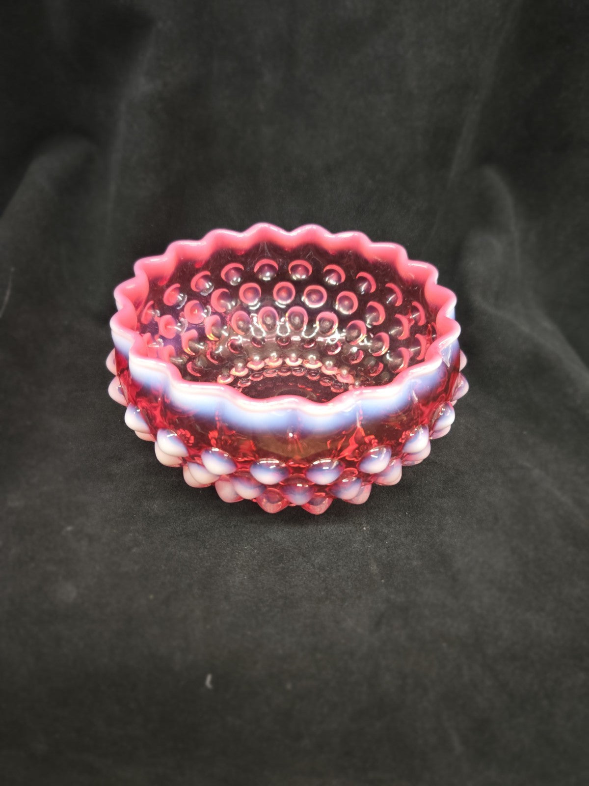 Antique Hobbs Brockunier Cranberry Opalescent Hobnail Candy Dish
