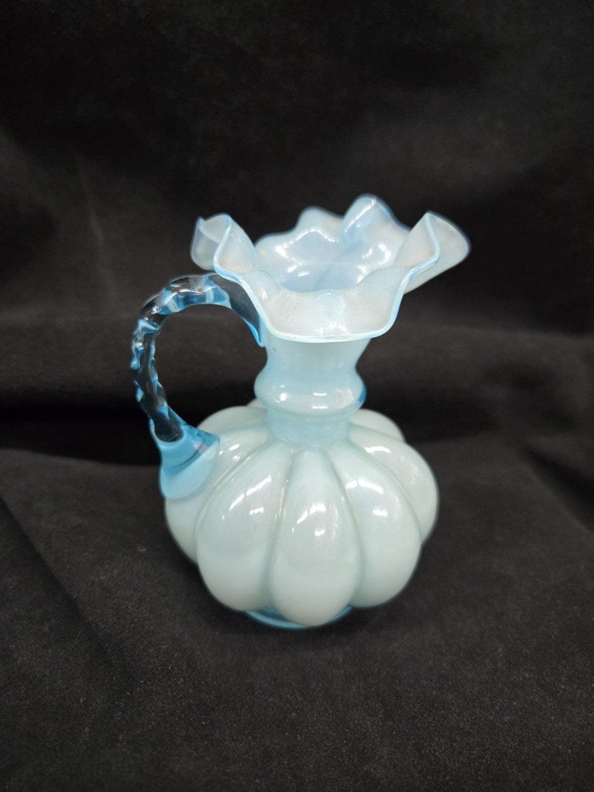 Fenton Blue Aqua Pitcher Ruffled Caged Glass