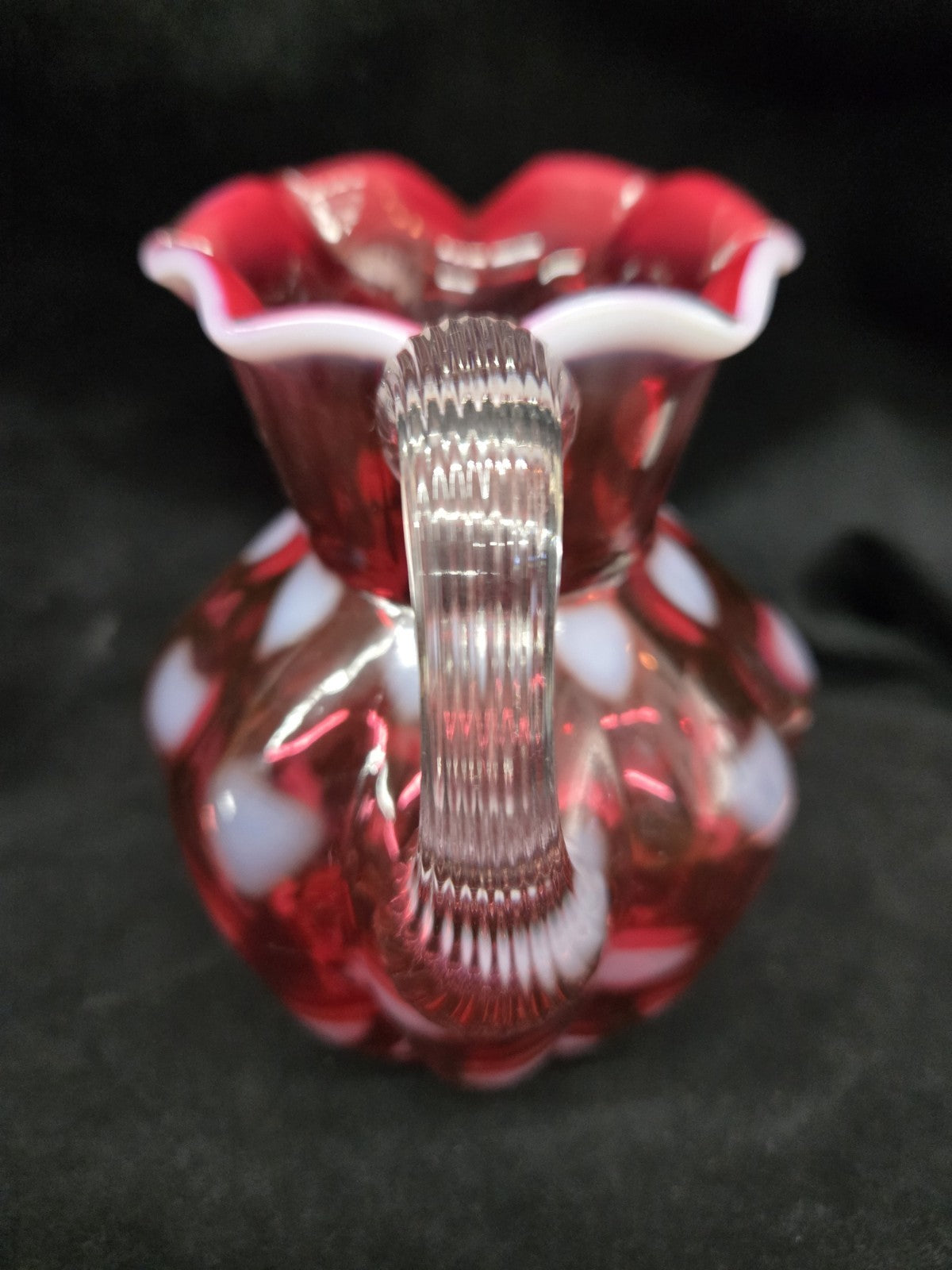 Fenton Cranberry Opalescent Optic Heart Melon Pitcher Vintage Art Glass 5.5"
