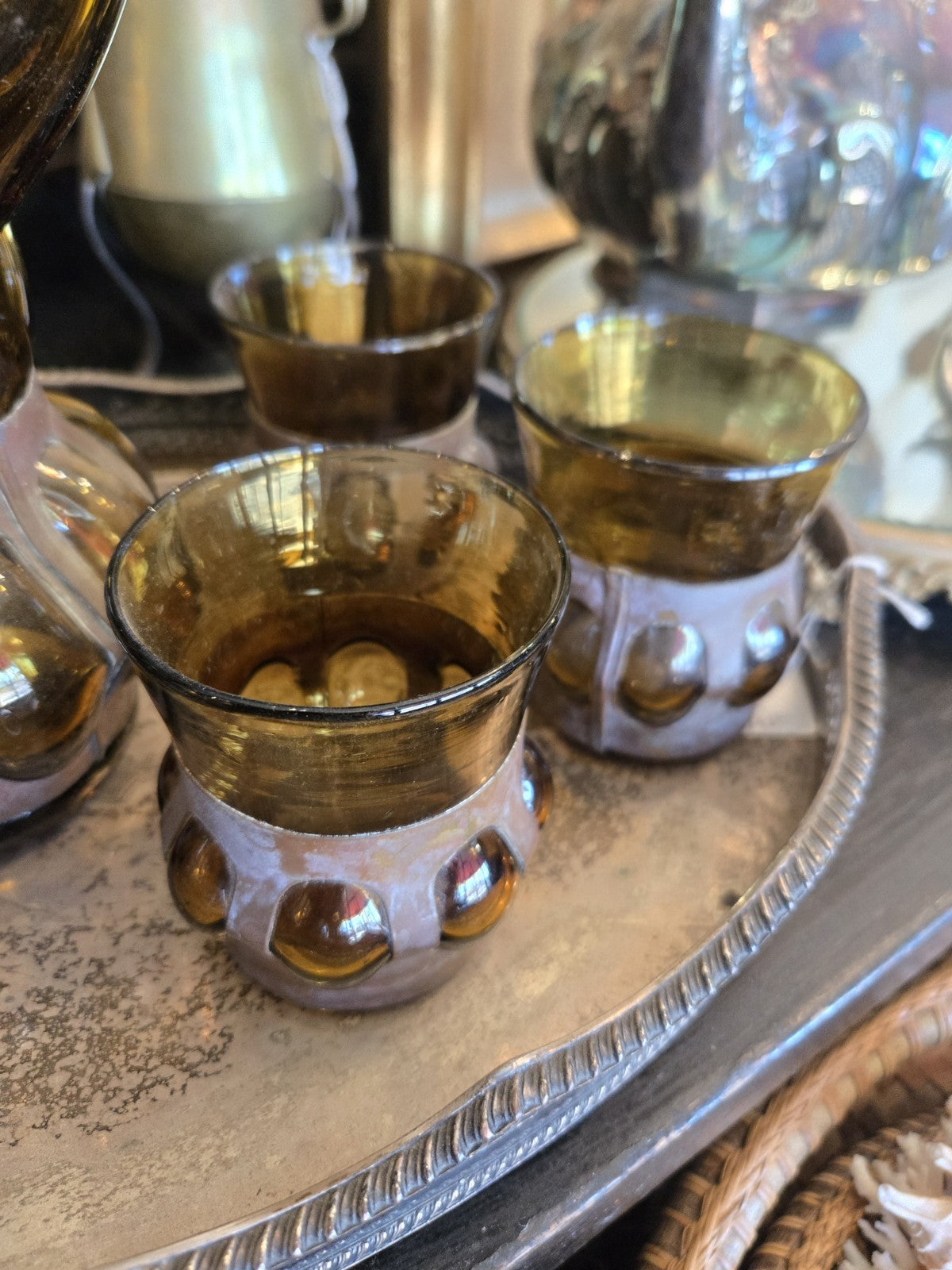 MCM Felipe Derflingher Brutalist Hand Blown Imprisoned Amber Glass Set Pitcher