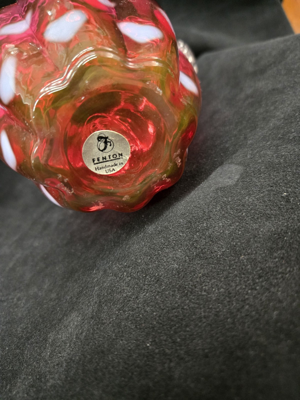 Fenton Cranberry Opalescent Optic Heart Melon Pitcher Vintage Art Glass 5.5"