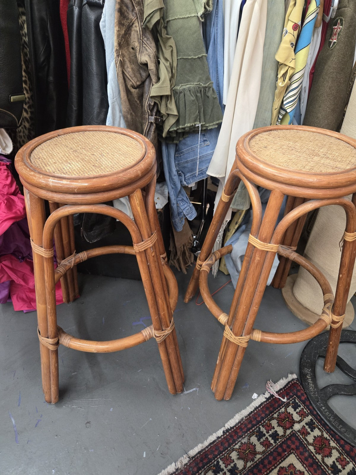 Pair Of Vintage Bent Bamboo Rattan Bar Stools