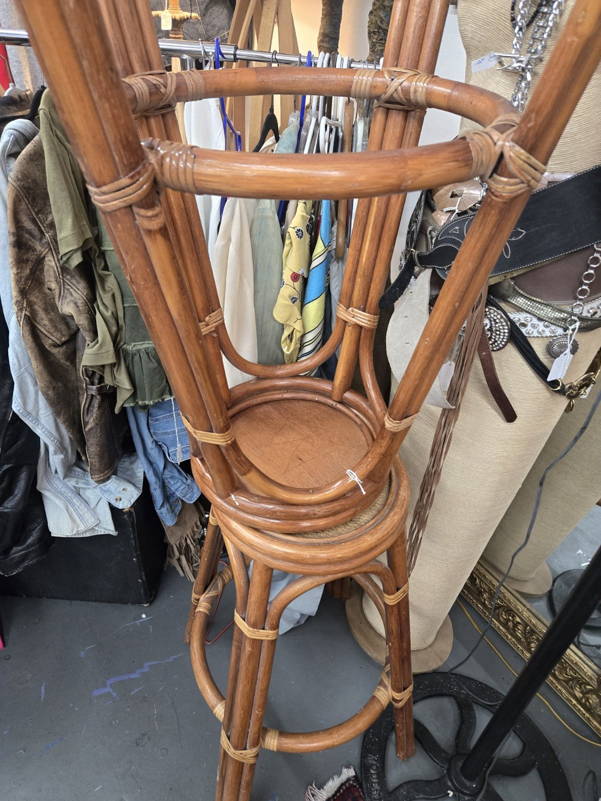 Pair Of Vintage Bent Bamboo Rattan Bar Stools