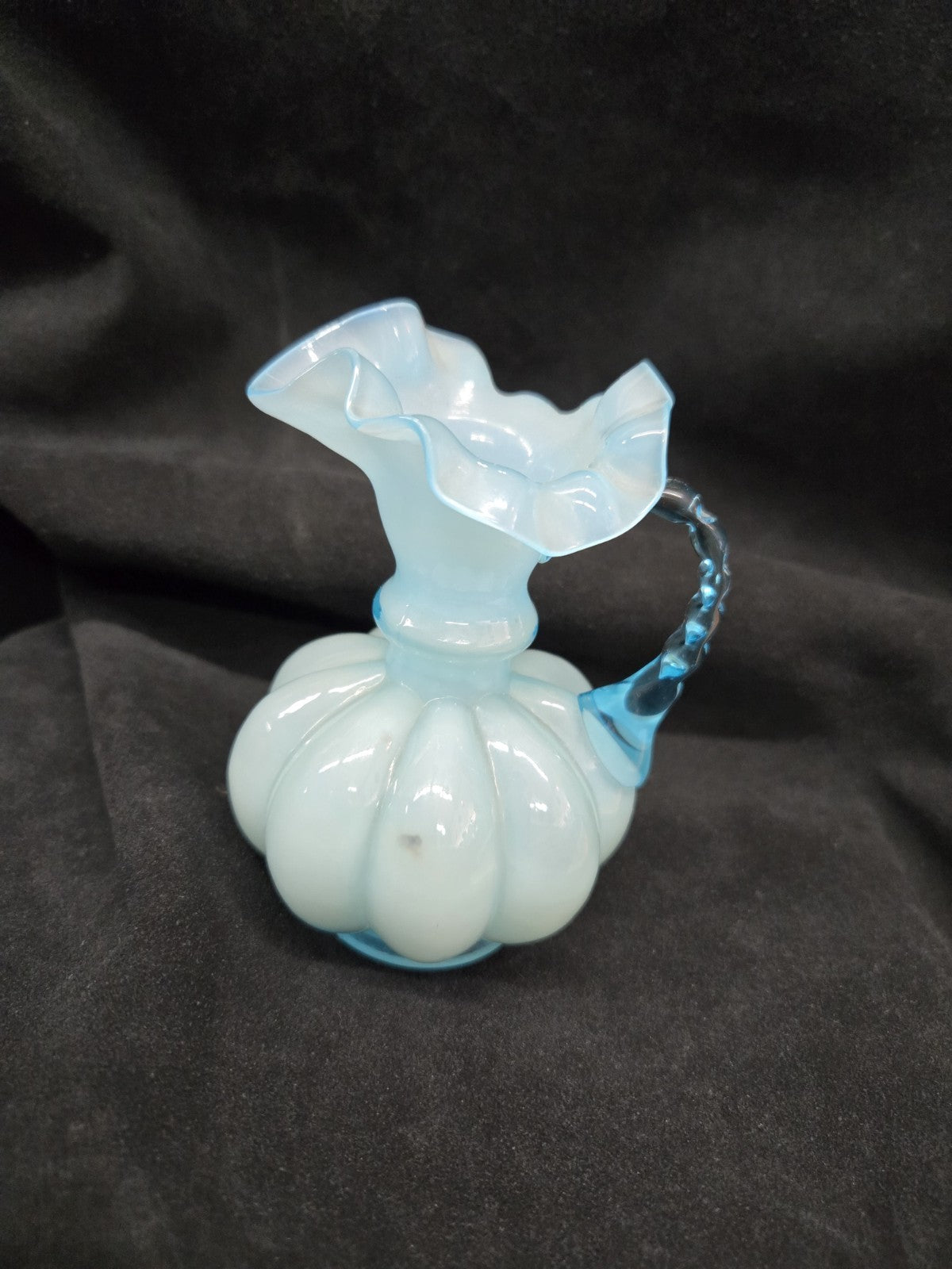 Fenton Blue Aqua Pitcher Ruffled Caged Glass