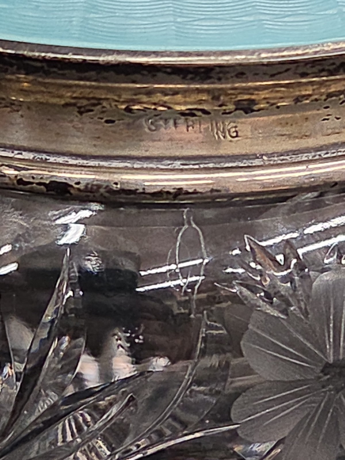 Antique Art Nouvea Guilloche Enamel Sterling Lid Cut Glass Vanity Jar