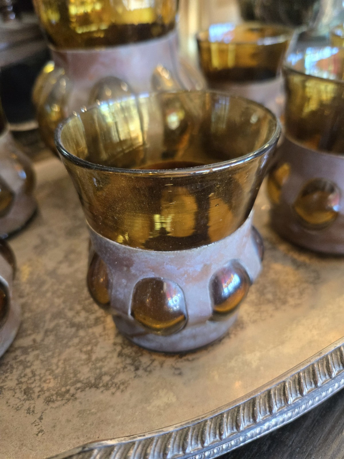 MCM Felipe Derflingher Brutalist Hand Blown Imprisoned Amber Glass Set Pitcher